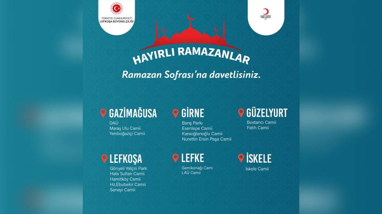 Türkiye'nin Lefkoşa Büyükelçiliği tarafından Ramazan ayı boyunca iftar yemekleri düzenlenecek