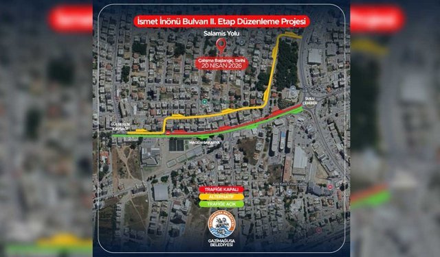 Gazimağusa’da yol çalışması: İsmet İnönü Bulvarı’nda trafik düzenlemesi