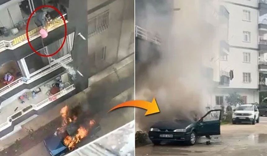 Yanan araca, balkondan kova ile su dökerek müdahale etti