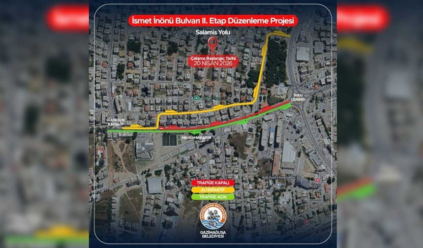 Gazimağusa’da yol çalışması: İsmet İnönü Bulvarı’nda trafik düzenlemesi